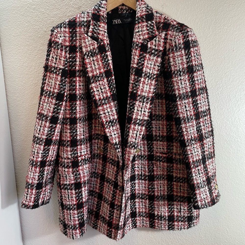 ZARA Tweed Plaid Gold Button Tailored Blazer Size L
